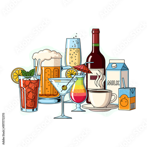 A vibrant collection of various beverages including cocktails, beer, wine, milk, juice, and coffee, presented in a lively illustration.