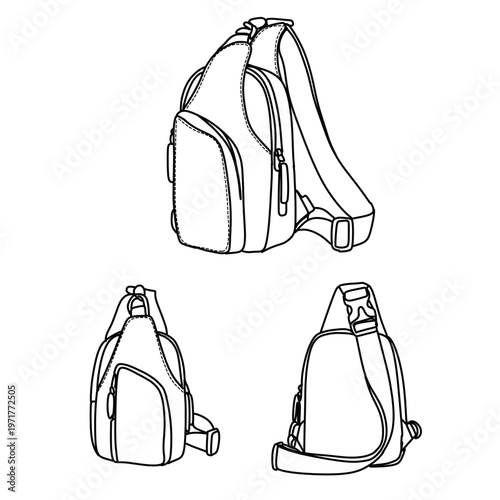 Various sling bags and backpacks in a detailed line art illustration.