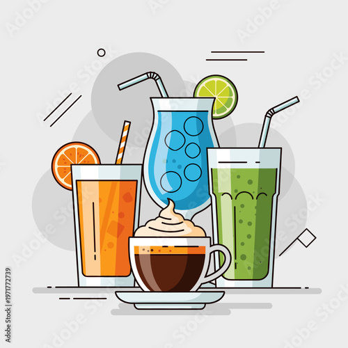 An assortment of colorful beverages including juice, cocktail, smoothie, and coffee in a flat design style.