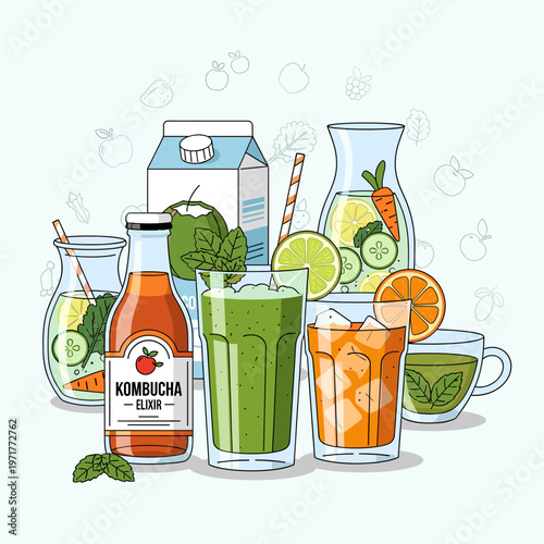 A vibrant illustration showcasing a collection of various healthy and refreshing beverages, including kombucha, smoothies, juices, and infused waters.