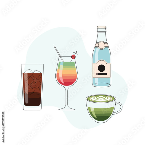 An assortment of refreshing beverages including iced cola, a vibrant cocktail, bottled water, and a green matcha latte.