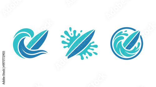 Surfboard icons with ocean waves and water splashes, surfing sport emblems