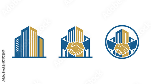 Real Estate Deal Icons: Buildings with Handshake Symbol