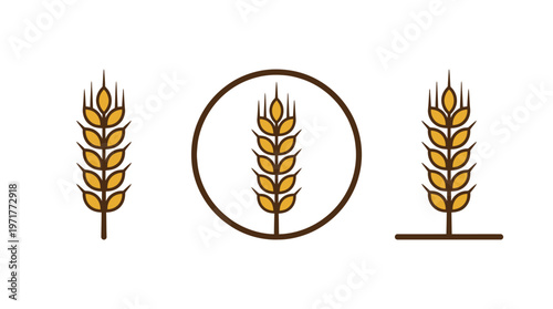 Wheat ears icons: single, in circle, on line - flat design, isolated on white background