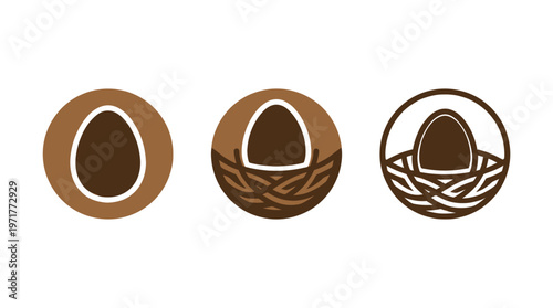 Three stylized bird nests with eggs, showing progression and detail, isolated on white.