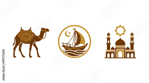 Camel, Dhow Boat, and Mosque Icons: Middle Eastern and Islamic Culture Symbols