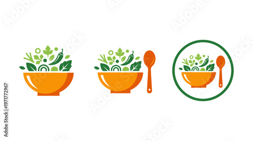 Healthy Salad Bowl Icon Set with Spoon - Fresh Food & Vegetarian Meal