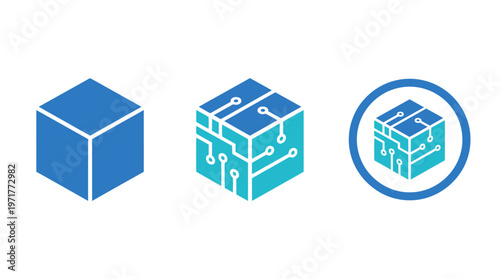 Blockchain technology cube icons: simple, circuit, and verified