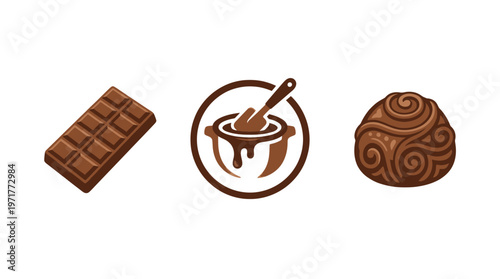 Chocolate bar, melting pot icon, and truffle - sweet treat icons