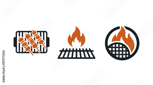 Barbecue icons: grill, skewers, and flames