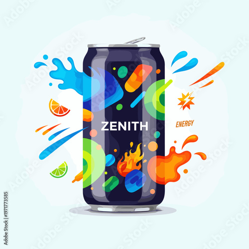 A vibrant and energetic can of Zenith energy drink with colorful splashes and fruit slices.