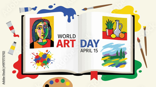 Flat vector open art book with colorful illustrations and paint elements for World Art Day