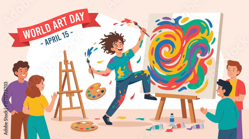 Flat vector illustration of an artist passionately painting a masterpiece on World Art Day