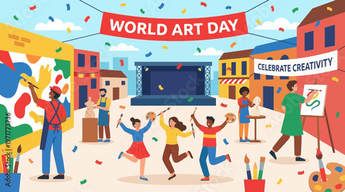 Vibrant flat vector celebration scene with artists dancing and painting under colorful confetti on World Art Day