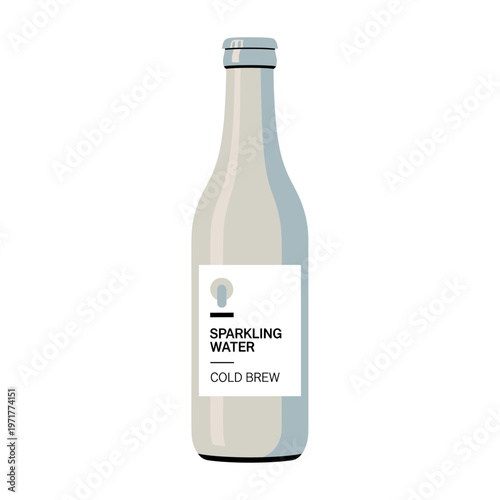 A minimalist illustration of a light gray bottle of sparkling water with a white label indicating 'COLD BREW' and a lightbulb icon.
