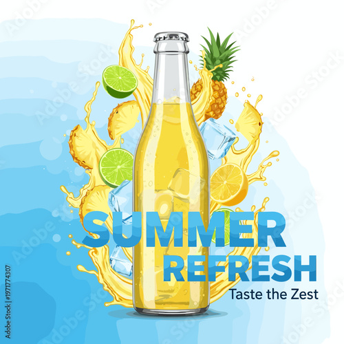 A refreshing bottle of summer drink with pineapple, lime, and lemon splashes and ice cubes.