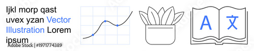 Data analytics, education, language learning, productivity, growth, digital content. Line chart, plant and book with text symbols. Data analytics and education concept