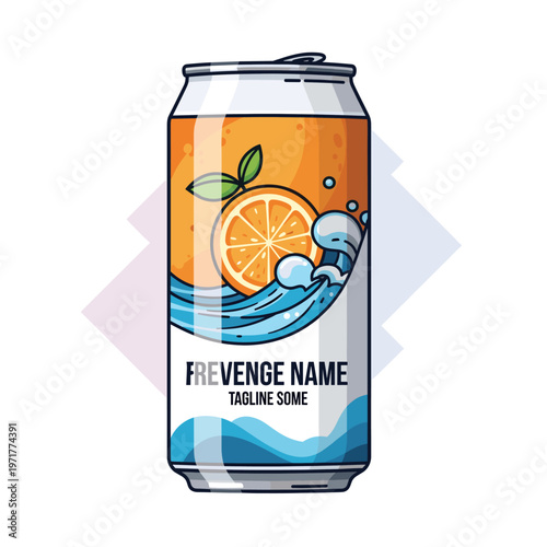 A refreshing orange soda can design featuring a slice of orange, waves, and bubbles, with placeholder text for brand name and tagline.