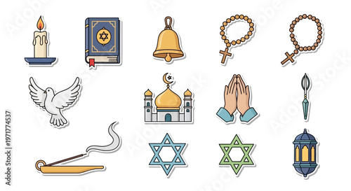 Religion and Spirituality Diverse Symbols Icon Set Illustration