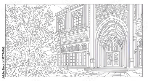 Abstract line art depiction of a building facade with intricate details and a textured background, evoking a sense of architectural complexity and shadow play
