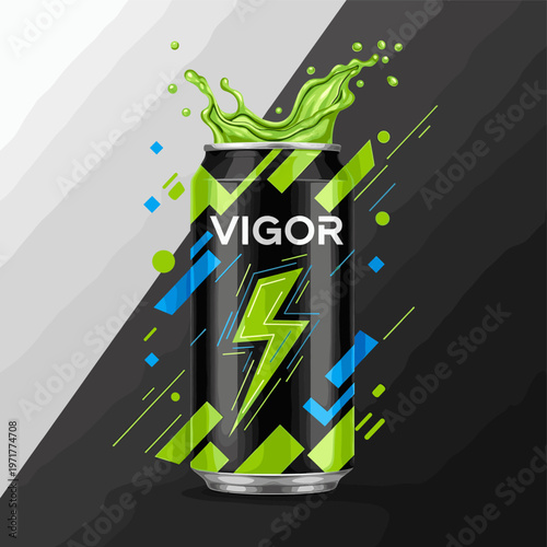 A vibrant energy drink can labeled 'VIGOR' with a bright green lightning bolt logo and green liquid splashing upwards.