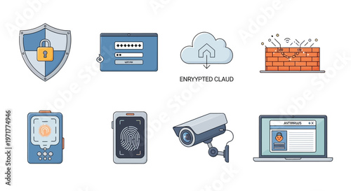 Security and Technology Icons Set Featuring Cybersecurity Digital Protection