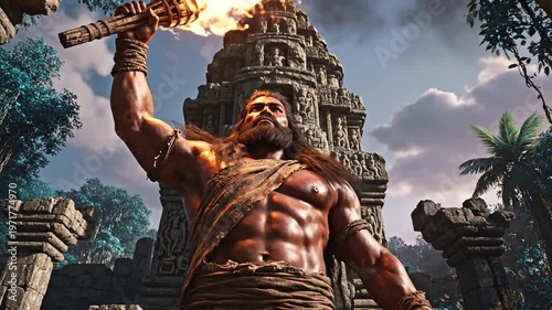 Muscular man holding burning torch.