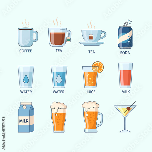 A collection of various popular beverages including coffee, tea, water, juice, milk, soda, beer, and a cocktail, presented in different containers.