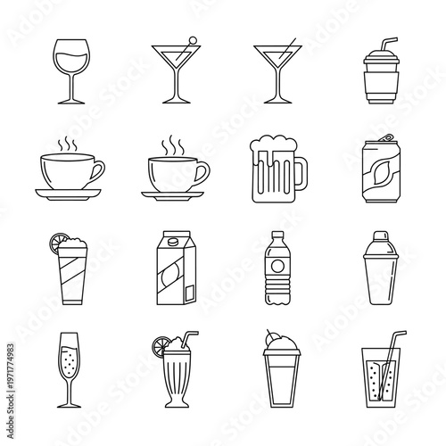 A collection of line art icons depicting various types of drinks and beverage containers, including coffee, tea, alcohol, water, and milk, in a simple, minimalist style.