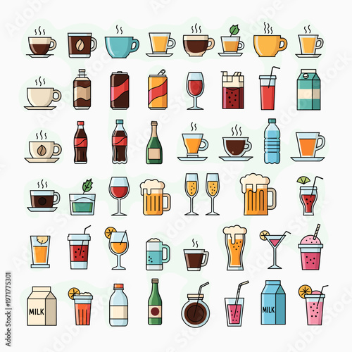 A comprehensive collection of various beverage icons and drink illustrations in different containers and styles.