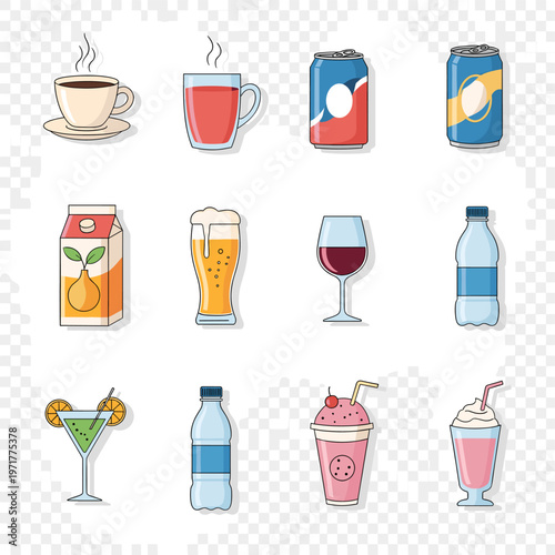 A collection of various popular beverages including hot drinks, soft drinks, alcoholic beverages, and healthy options, presented as flat design icons.