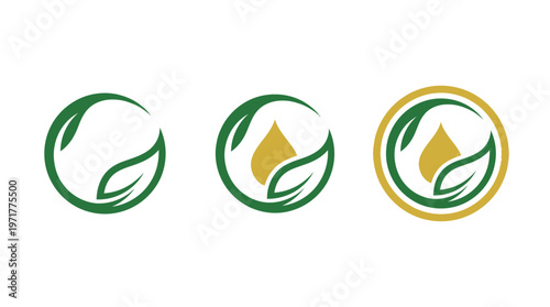 Organic Logo Design: Leaf and Droplet Icon Variations on White Background