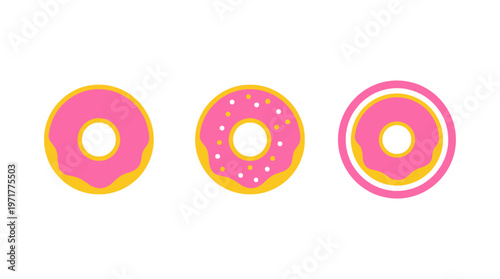Three Pink Frosted Doughnuts with Sprinkles on White Background, Flat Design