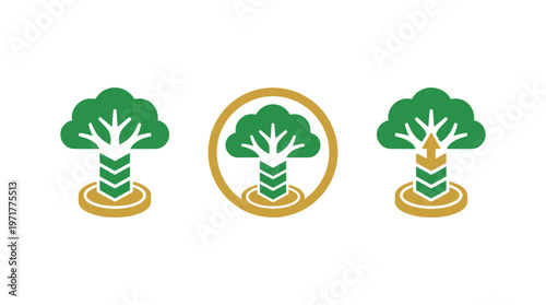 Three stylized green trees with segmented trunks on gold bases, white background