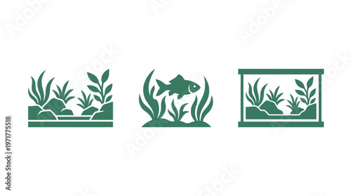 Aquarium Icons: Fish, Plants, Rocks, and Aquarium Tank Graphics