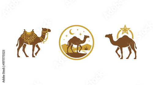 Camel Caravan Desert Journey Icon Set