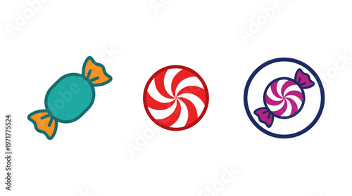 Colorful Candies and Swirl Lollipop Icons on White Background
