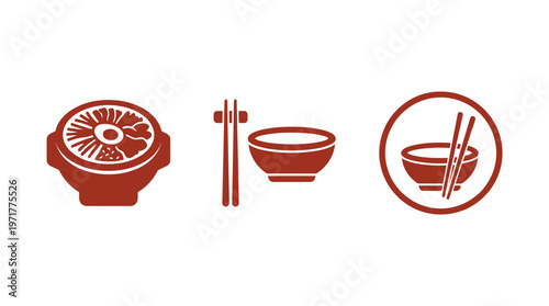 Korean Food Icons: Bibimbap, Chopsticks, Bowl, and Meal Set