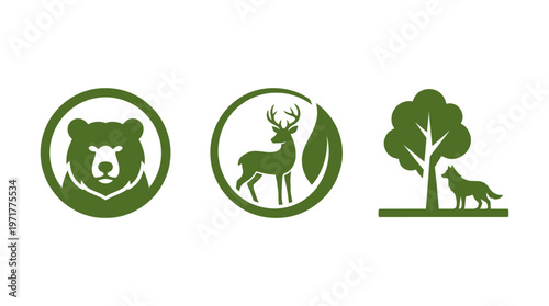 Forest Wildlife Icons: Bear, Deer and Wolf with Tree