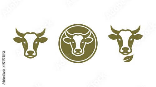 Cow Head Icons Set: Organic Farm, Dairy Product Logo, Agriculture Concept