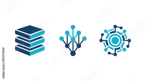 Abstract technology icons: data storage, network, and algorithm