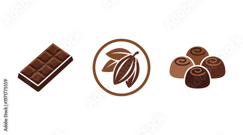 Chocolate bar, cocoa beans, and truffles icon set on white background.