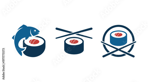 Sushi Icons: Fish, Chopsticks, and Stamp Style Rolls