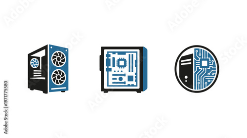 Computer Case Icons: Gaming PC, Internal Components, Server Chip