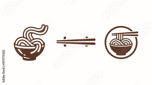 Asian Noodle Bowl Icons: Chopsticks, Ramen, Udon, Soba, Pho, Spaghetti - Vector