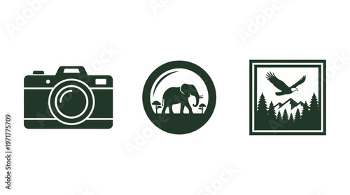 Camera, Elephant Silhouette, and Eagle Over Mountains Icons