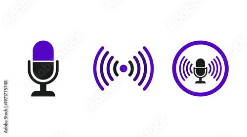 Podcast Microphone Icons: Studio Mic, Signal Waves, and Broadcast Symbol