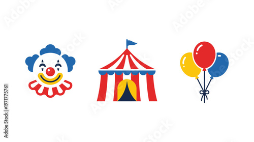 Circus Icons: Clown Face, Big Top Tent, and Balloons on White Background