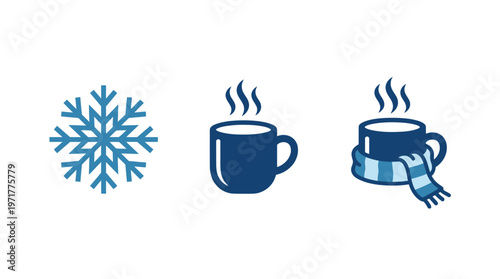 Winter cozy symbols: snowflake, steaming mug, and scarf-wrapped cup