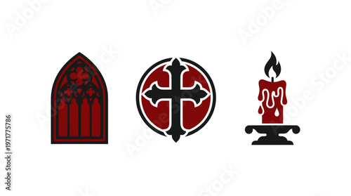 Gothic Window, Cross Symbol, and Candle Icons